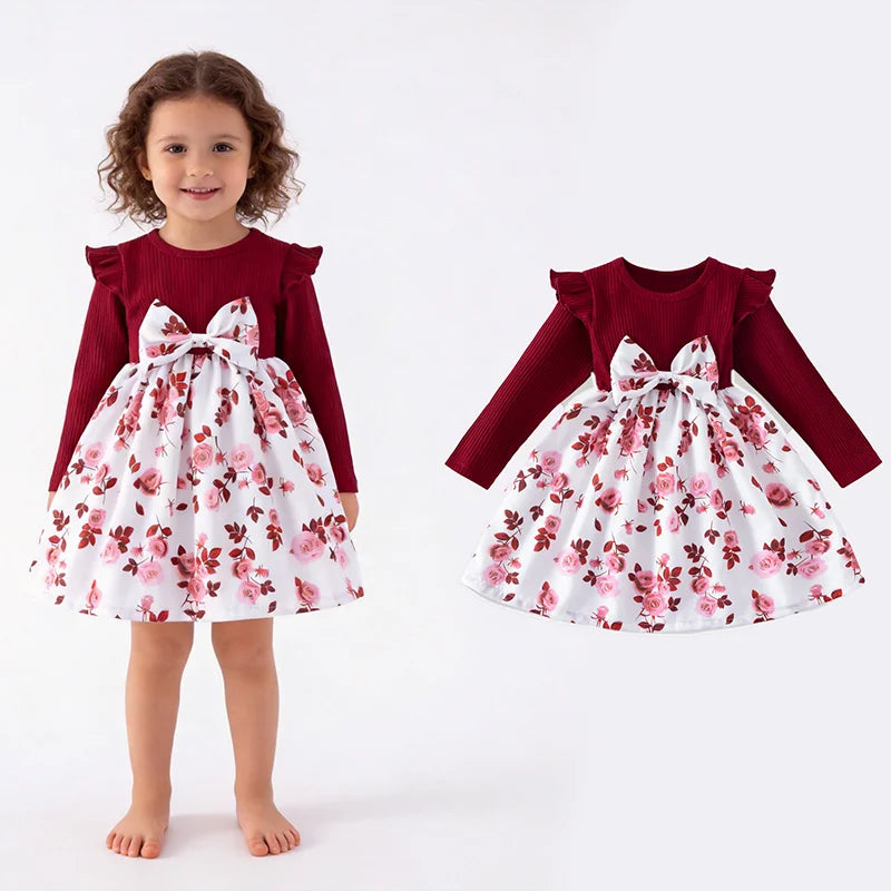 Toddler Girls Knee-Length Long Sleeve Floral Print Dress with Bow Ruffle Casual Soft Stretchy ODM Kids Clothes