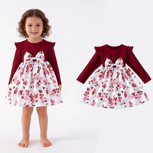 Toddler Girls Knee-Length Long Sleeve Floral Print Dress with Bow Ruffle Casual Soft Stretchy ODM Kids Clothes