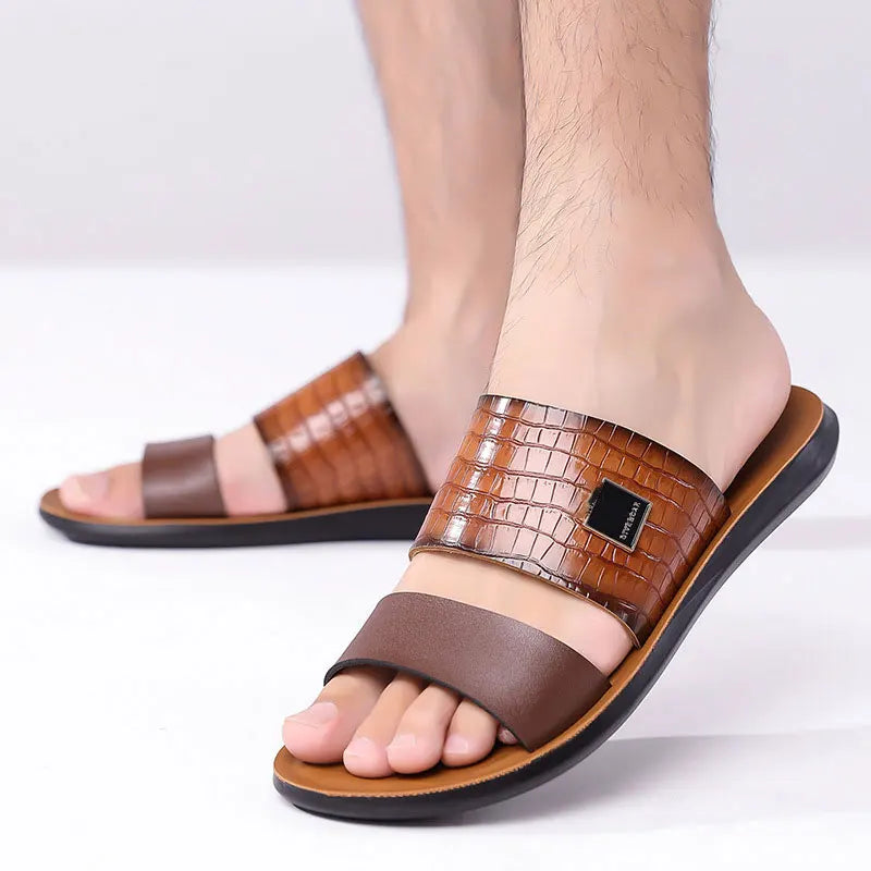 Men's Large Size Casual Summer Sandals Comfortable Open-Toe Outdoor Slippers Embroidery PU Upper Breathable