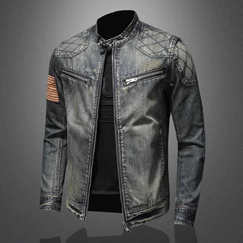 Vintage Denim Jacket With Zip Stand up Cotton Slim Fit Denim Coat Jeans Long Sleeve Loose Pocket Zipper Top Jacket Men