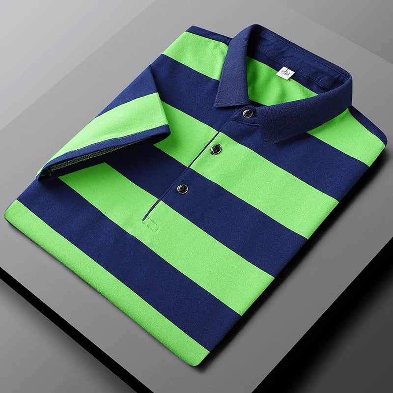 ANSZKTN Summer Men Short Sleeve T-shirt Striped Cotton Business Lapel Polo T Shirts Jersey Polo Shirt for Mens