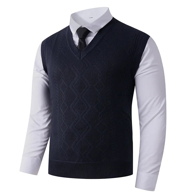 V-Neck Knit Vest Men Gentleman Layering Autumn Winter Waistcoat Solid Color Sweater Yarn Sleeveless Casual