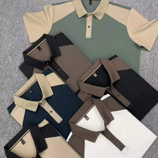 High-quality Polo Shirt, Nylon-cotton Corn Pattern Material, Breathable Men's Short-sleeve Polo, Color-block Casual Polo Shirt