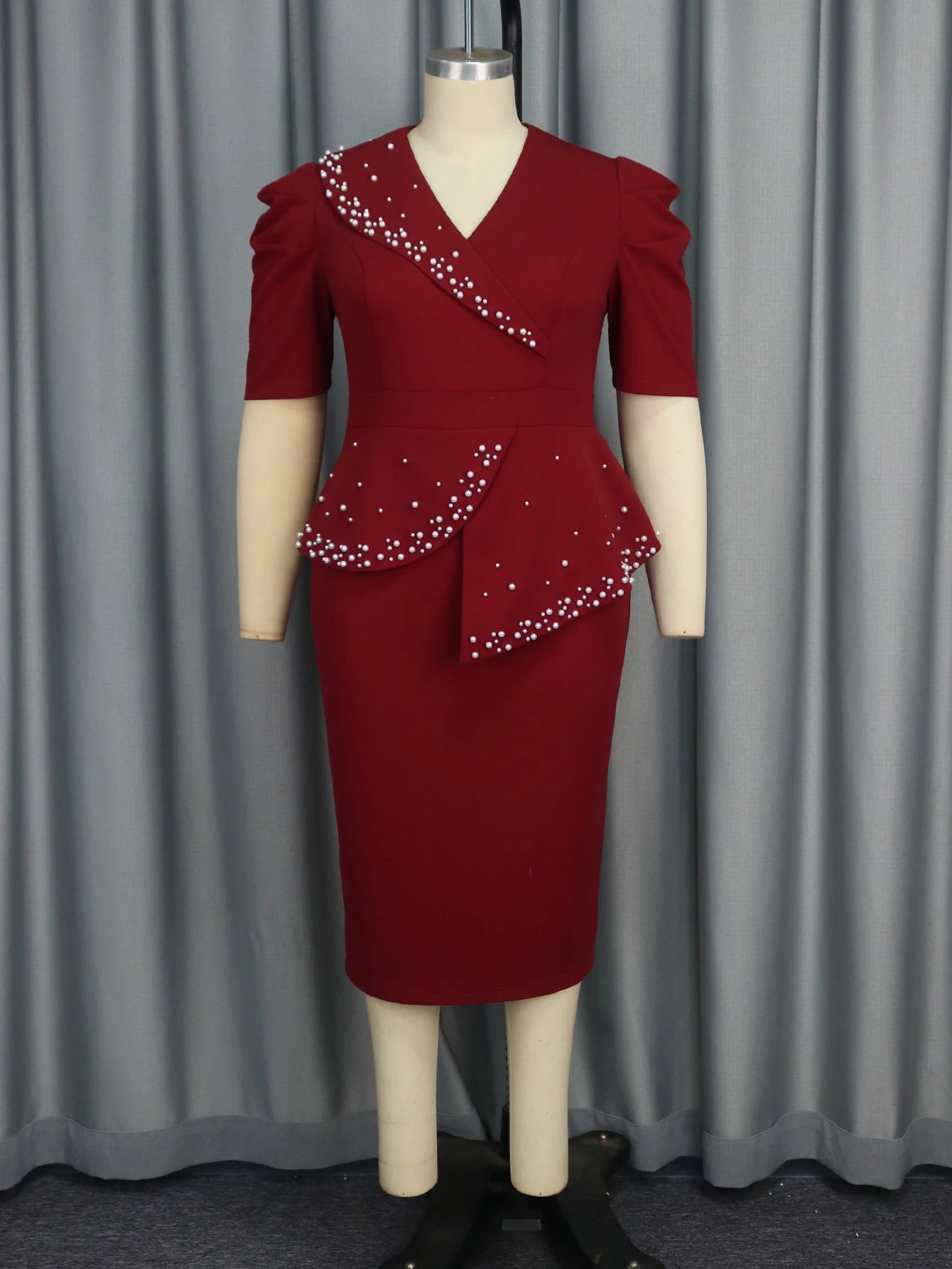 women clothes Half Sleeve V Neck Asymmetric Peplum Beaded Office Lady Career Dresses