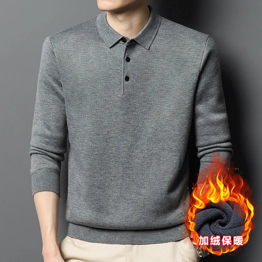 Men's Formal Winter Lapel Machine Washed Velvet Thickening Knit Top and Bottom for Polo Shirt Plus Size Warm Style