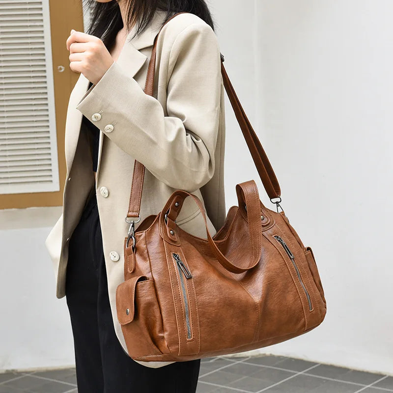 Cowhide Leather Women Crossbody PU Black Shoulder Bag European American Style Fashionable Large Capacity PU Zipper Handle Bags