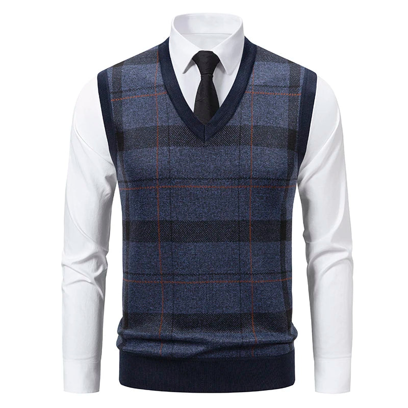 Autumn Winter Dad Style Checkered Cardigan Sweater Vest for Men Fleece-Lined Casual Pullover Loose Fit for Middle-Aged Elderly