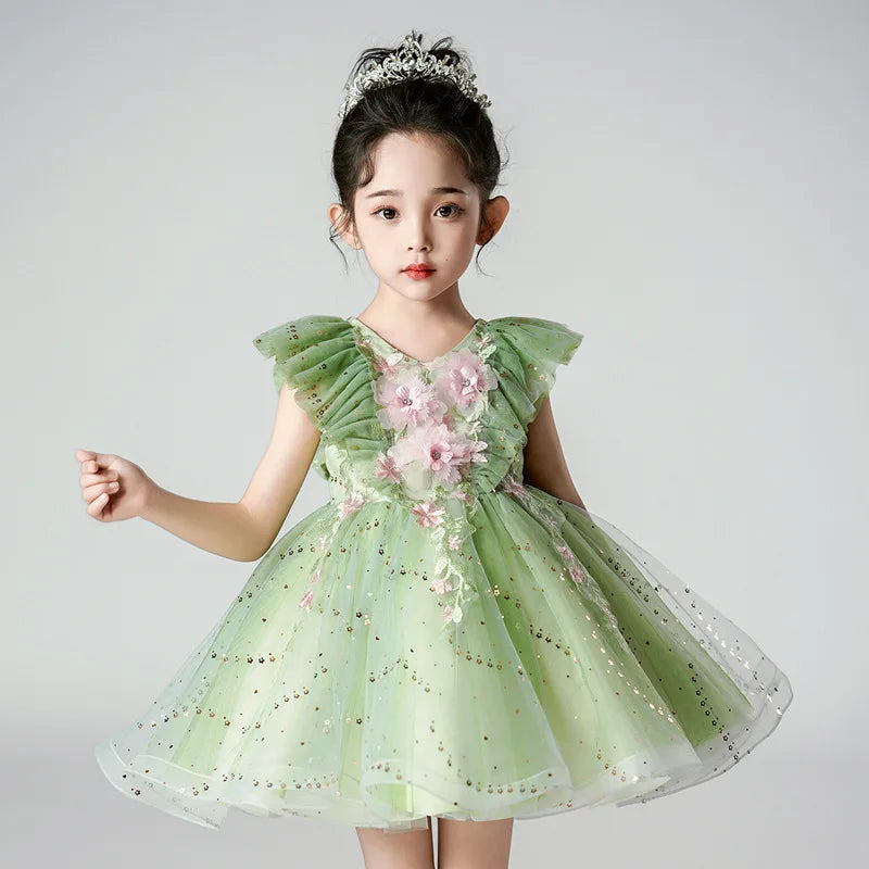 Little Girls Green Dresses for Girls Costume Kids Fairy Cosplay Flower Baby Princess Clothes Christmas Party Outfit