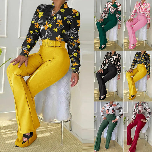 2026 Spring New Sweet Style Women's Stand up Collar Long Sleeve Shirt and Pants Printed Casual Fashion Two Piece Set