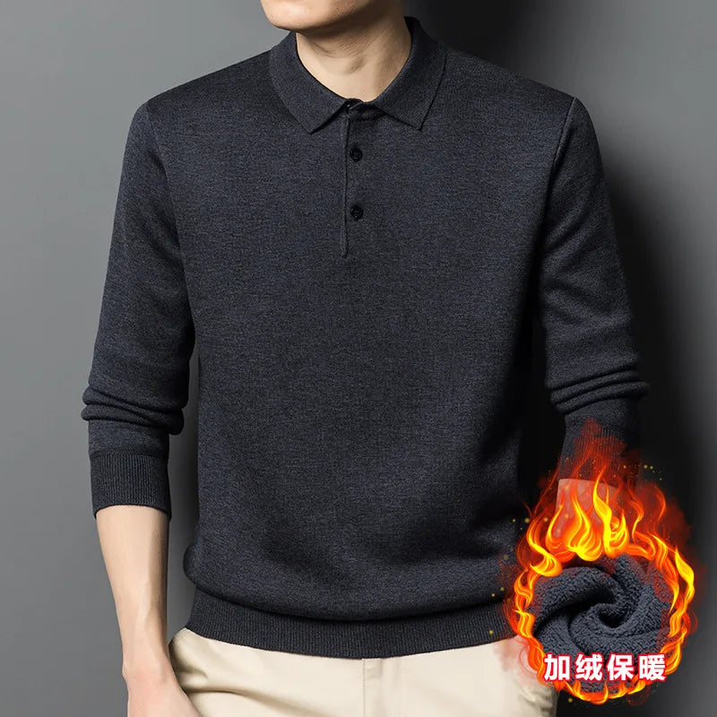 Men's Formal Winter Lapel Machine Washed Velvet Thickening Knit Top and Bottom for Polo Shirt Plus Size Warm Style