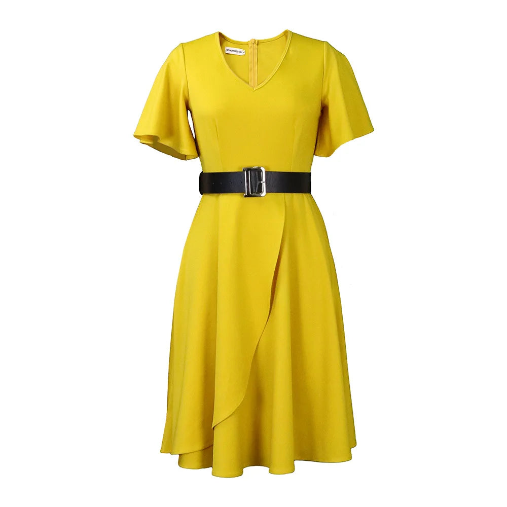 Women clothes Popular Plus Size Women's Spring Summer Flare Short Sleeve Natural Waist High Waist Belted Office Knee-Length Casual ODM Dress