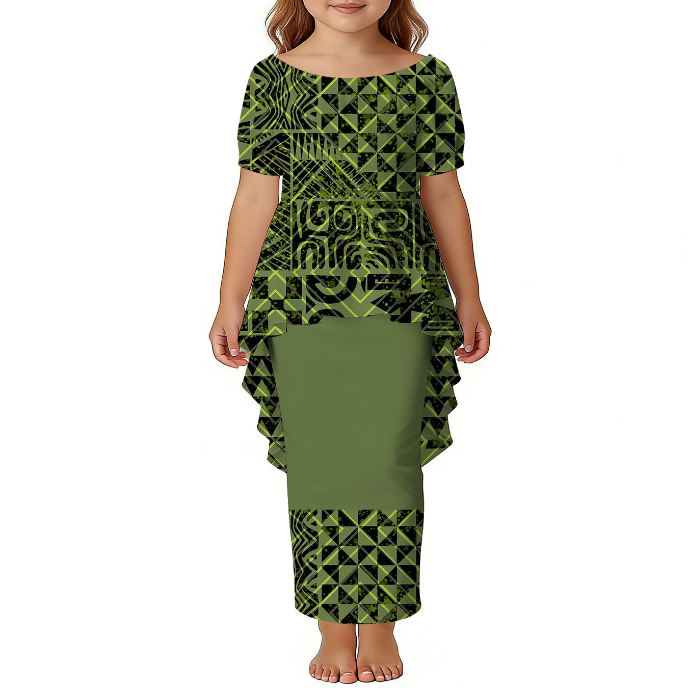 Custom Girls Puletasi Set Dress Top and Skirts Pacific Island Design Plus Size Kids Dress Short Sleeve Toddler Clothes Two Piece