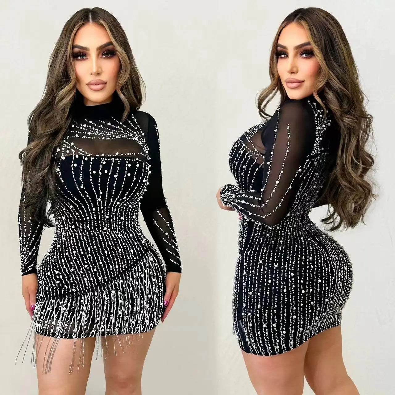 Black Color Long Sleeve Women's Sexy Night Club Bodycon Rhinestone Dress With High Stretch Mesh Diamond Skirt