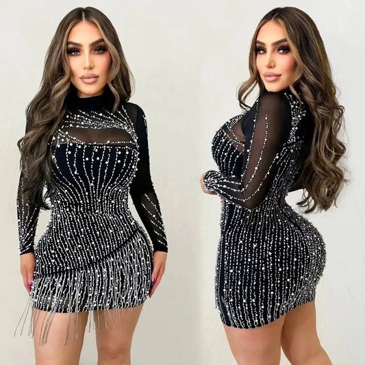 Black Color Long Sleeve Women's Sexy Night Club Bodycon Rhinestone Dress With High Stretch Mesh Diamond Skirt