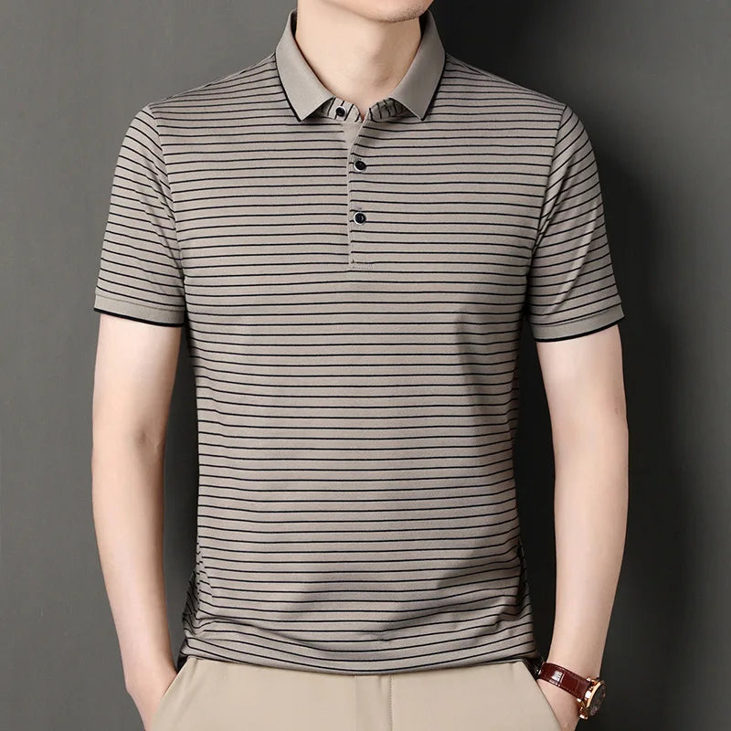 High-end Fashion Casual Business Seamless Striped Summer Cool Lapel Short Sleeve Men's T-shirt