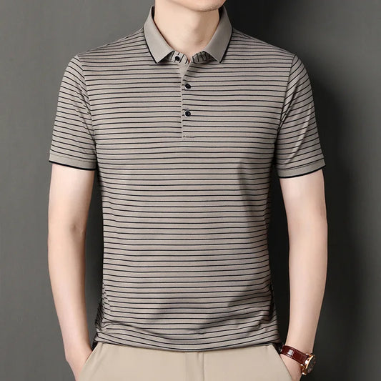 High-end Fashion Casual Business Seamless Striped Summer Cool Lapel Short Sleeve Men's T-shirt