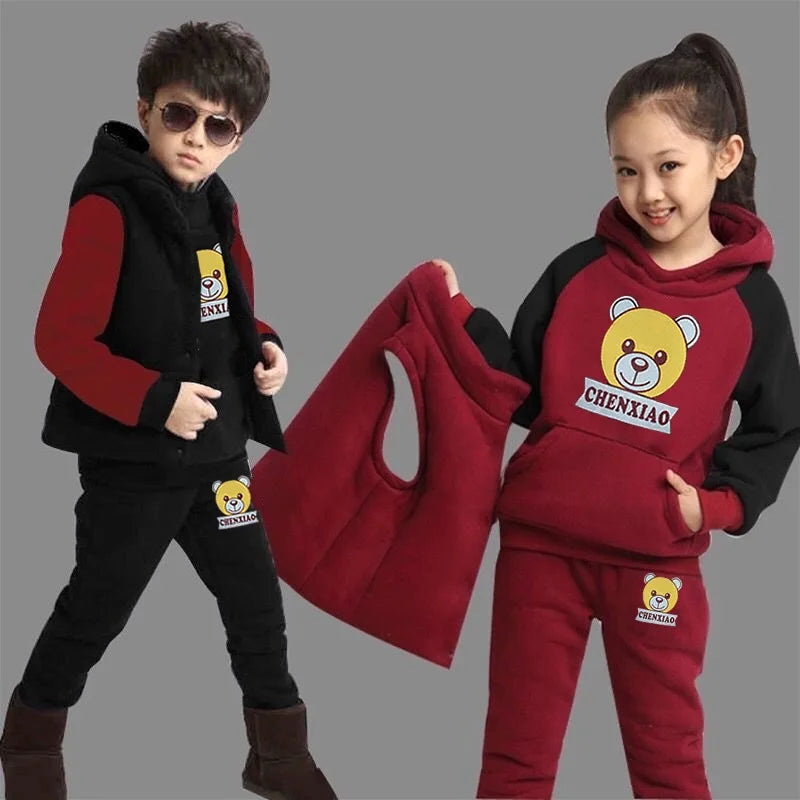 Autumn Winter Children's Casual Three-Piece Outfit Boys Girls Fleece Warm Tops Pants Vest Cartoon Pattern Kids Clothing Sets