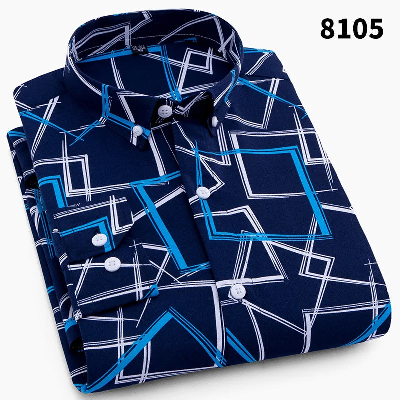 Men's Printed Long Sleeved Slim Fit Plaid Versatile Casual Fashion Floral Shirts