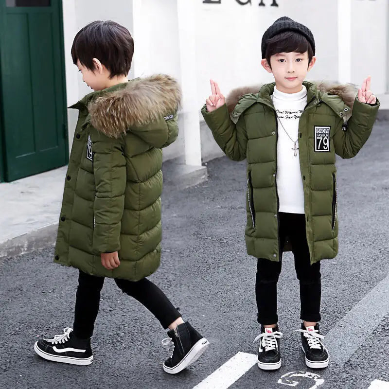 Children New Fashion Winter Outwear for Boys Warm Hooded Long Coat 90% Cotton Baby Casual Jackets Clothes for Boys Kids Parkas