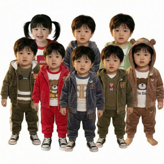 2025 Winter Casual Baby Clothing Set 3pcs Kids Bear Pattern Hooded Coat Warm Outfits for Children