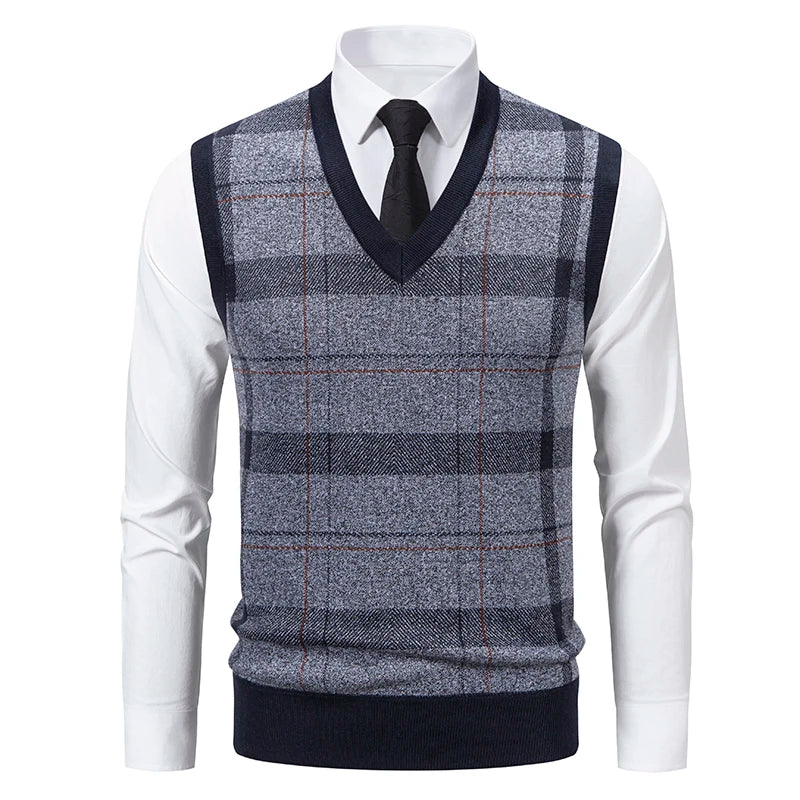 Autumn Winter Dad Style Checkered Cardigan Sweater Vest for Men Fleece-Lined Casual Pullover Loose Fit for Middle-Aged Elderly