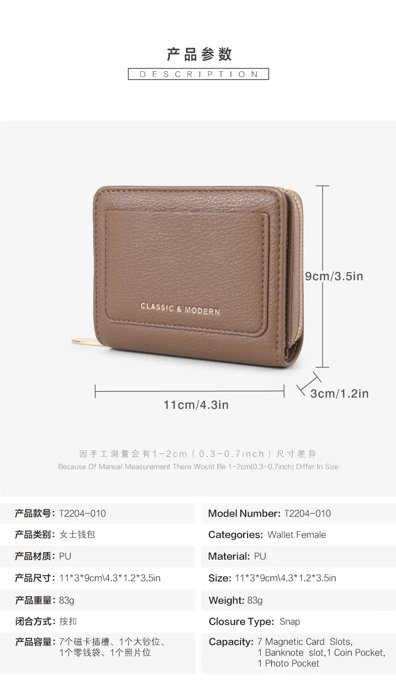 Hot Selling Classic Modern Short Wallet Zipper Closure Multi Card Slot Slim Lightweight Portable Ladies Daily Coin Purse