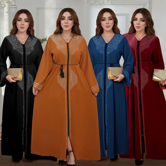 new Wholesale Traditional Muslim Clothing Moroccan Abaya Robe Dress With Rhinestones and Trumpet Sleeves Khimar Abaya