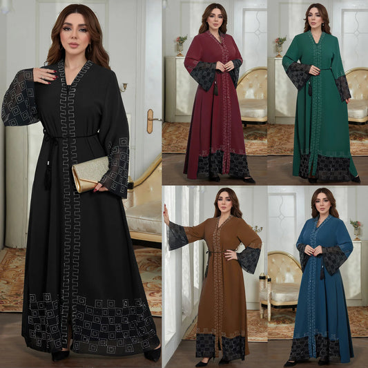new Wholesale Traditional Muslim Clothing Moroccan Abaya Robe Dress With Rhinestones and Trumpet Sleeves Khimar Abaya