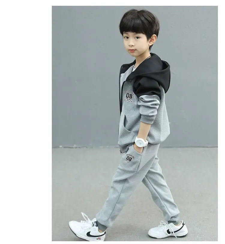 Autumn and Spring New Style Boys' Casual Sports Two-Piece Hooded Cardigan Sweatshirt Jacket Set for Kids
