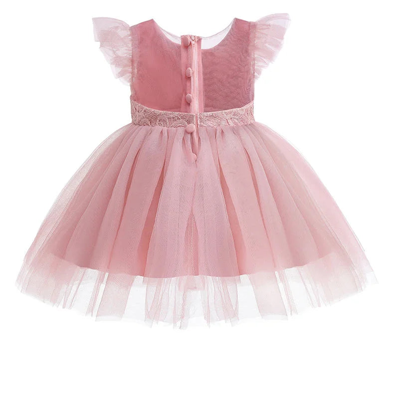 High Quality Ruffle Lace Baby Girls Boo Dress Newborn Photoshoot Red Oldrose Party Wedding Dress for 8 Months Kids in Guangzhou