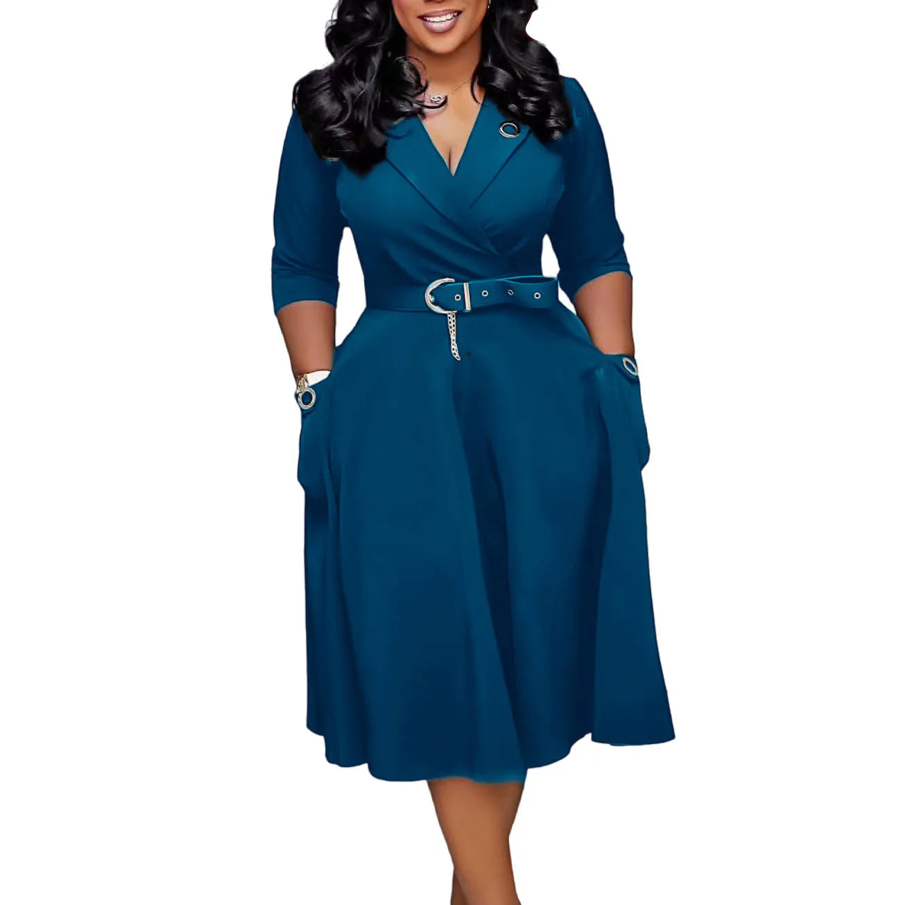 D3341 Trendy Career Dresses Women Casual Elegant Half Sleeve Suit V Collar Office Dresses Women Formal Work African Dresses