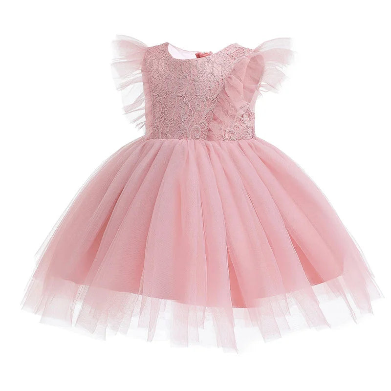High Quality Ruffle Lace Baby Girls Boo Dress Newborn Photoshoot Red Oldrose Party Wedding Dress for 8 Months Kids in Guangzhou