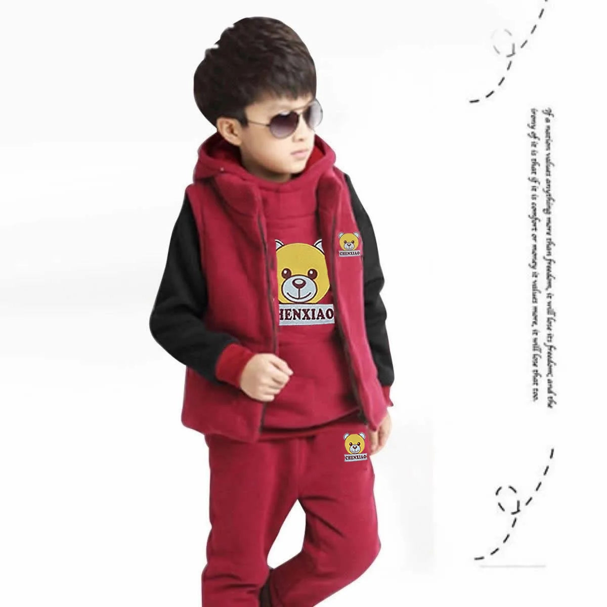 Autumn Winter Children's Casual Three-Piece Outfit Boys Girls Fleece Warm Tops Pants Vest Cartoon Pattern Kids Clothing Sets