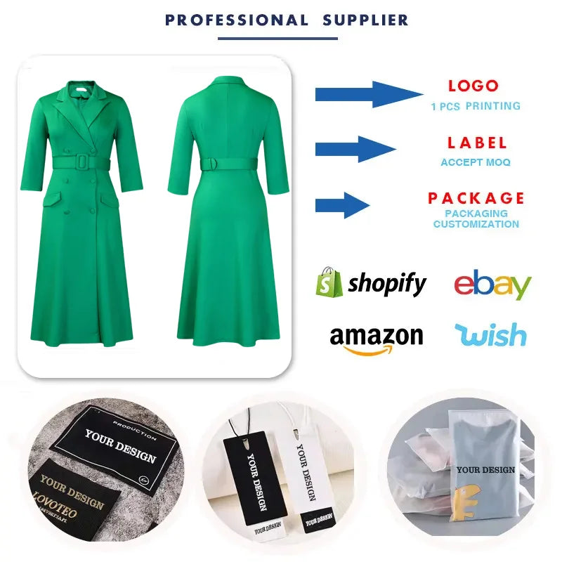D3294 Trendy Autumn Dresses Women Casual Elegant Double Breasted Three Quarter Suit Collar Office Lady Formal Dress for Women