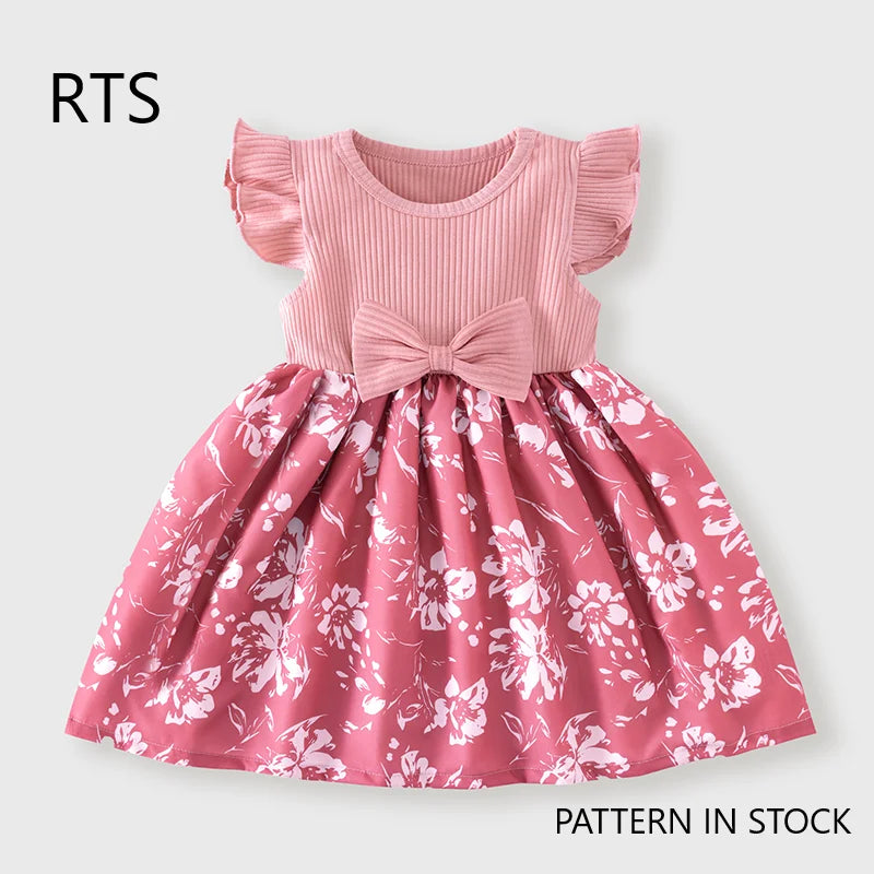 Toddler Girls Casual Floral Print Sleeveless Knee-Length Dress Bow Ruffle Chiffon Patchwork Summer Soft Stretchy Kids Clothes
