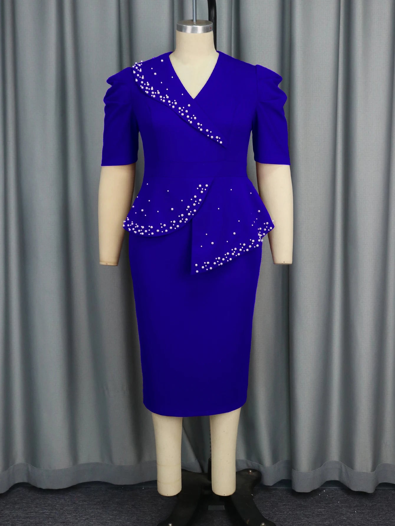 women clothes Half Sleeve V Neck Asymmetric Peplum Beaded Office Lady Career Dresses