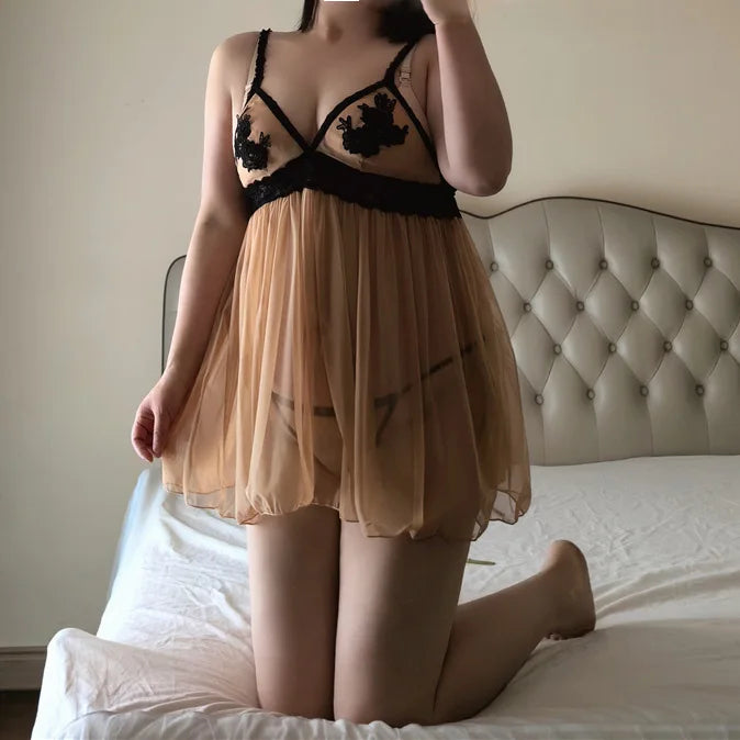 6XLEuropean and American Lingerie Plus Size Pajamas Women's Lace Nightgown Hot Sexy Deep V Transparent Sex Lingerie Night Dress