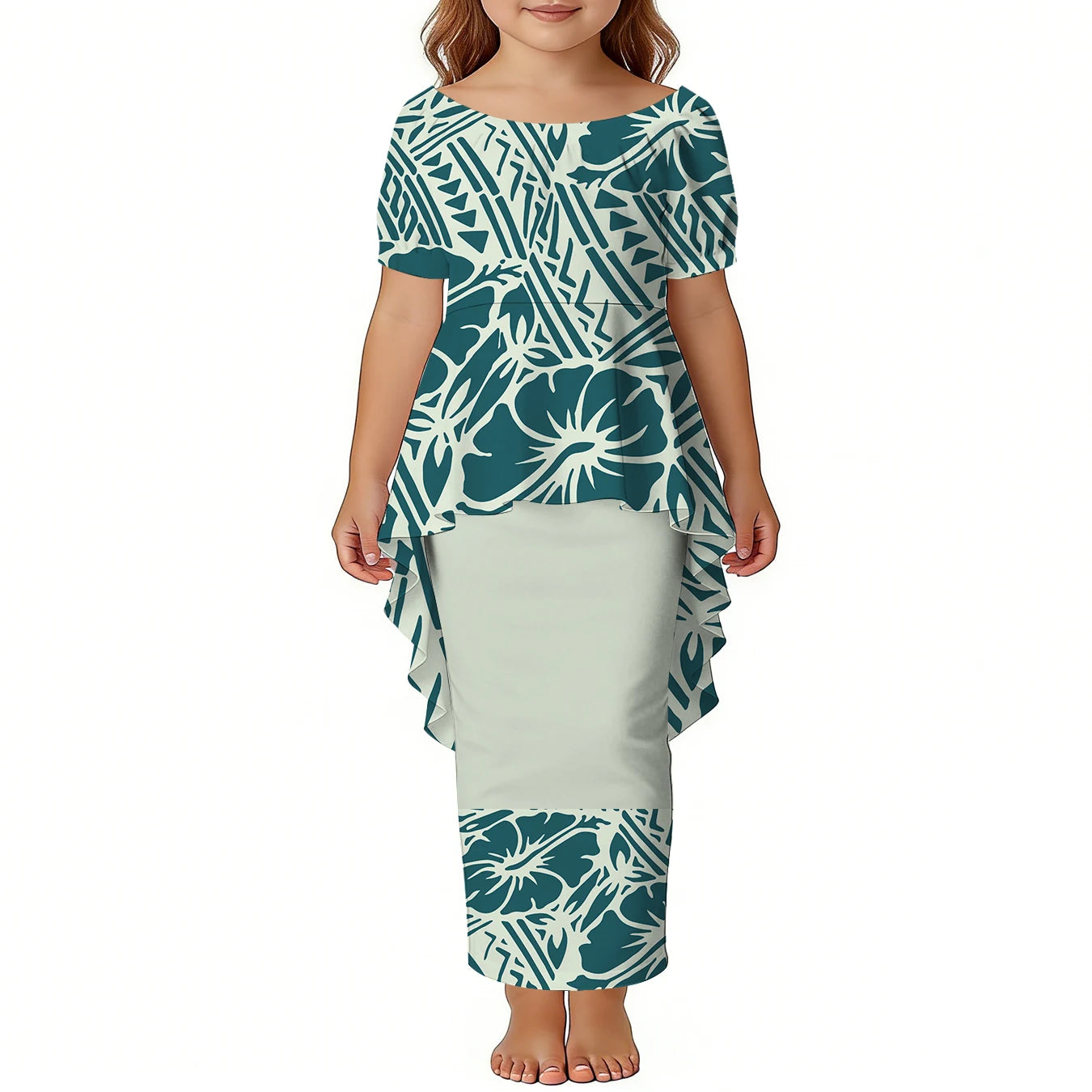Custom Girls Puletasi Set Dress Top and Skirts Pacific Island Design Plus Size Kids Dress Short Sleeve Toddler Clothes Two Piece