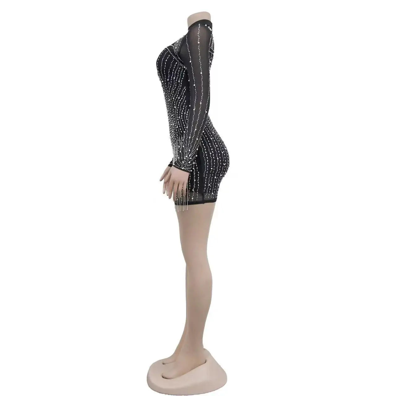 Black Color Long Sleeve Women's Sexy Night Club Bodycon Rhinestone Dress With High Stretch Mesh Diamond Skirt