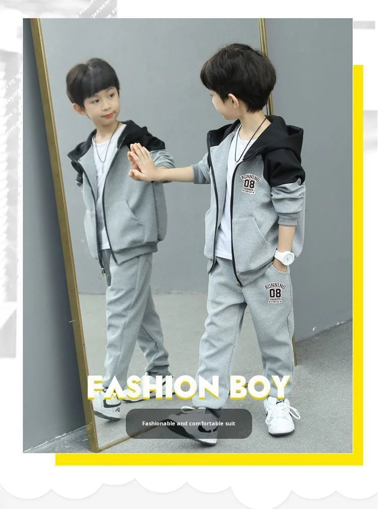 Autumn and Spring New Style Boys' Casual Sports Two-Piece Hooded Cardigan Sweatshirt Jacket Set for Kids
