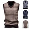Autumn Winter Dad Style Checkered Cardigan Sweater Vest for Men Fleece-Lined Casual Pullover Loose Fit for Middle-Aged Elderly