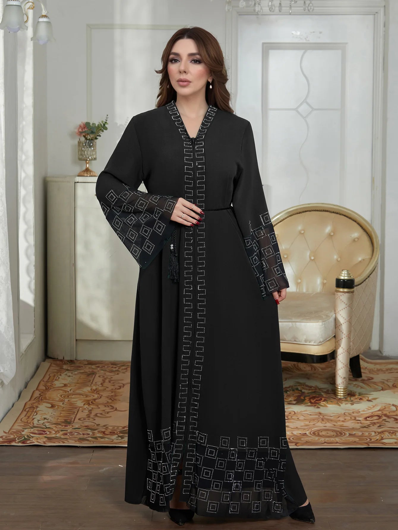 new Wholesale Traditional Muslim Clothing Moroccan Abaya Robe Dress With Rhinestones and Trumpet Sleeves Khimar Abaya