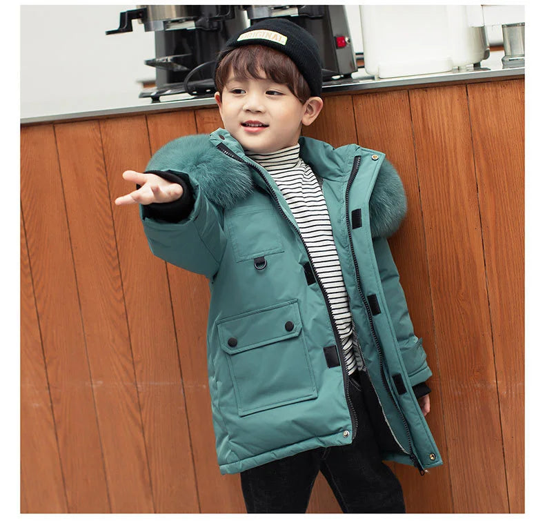New Children Winter Down Jacket Boy Clothes Thick Warm Hooded Coat Kids Parka Real Fur Teen Clothing Outerwear Snowsuit 2-12 Yrs