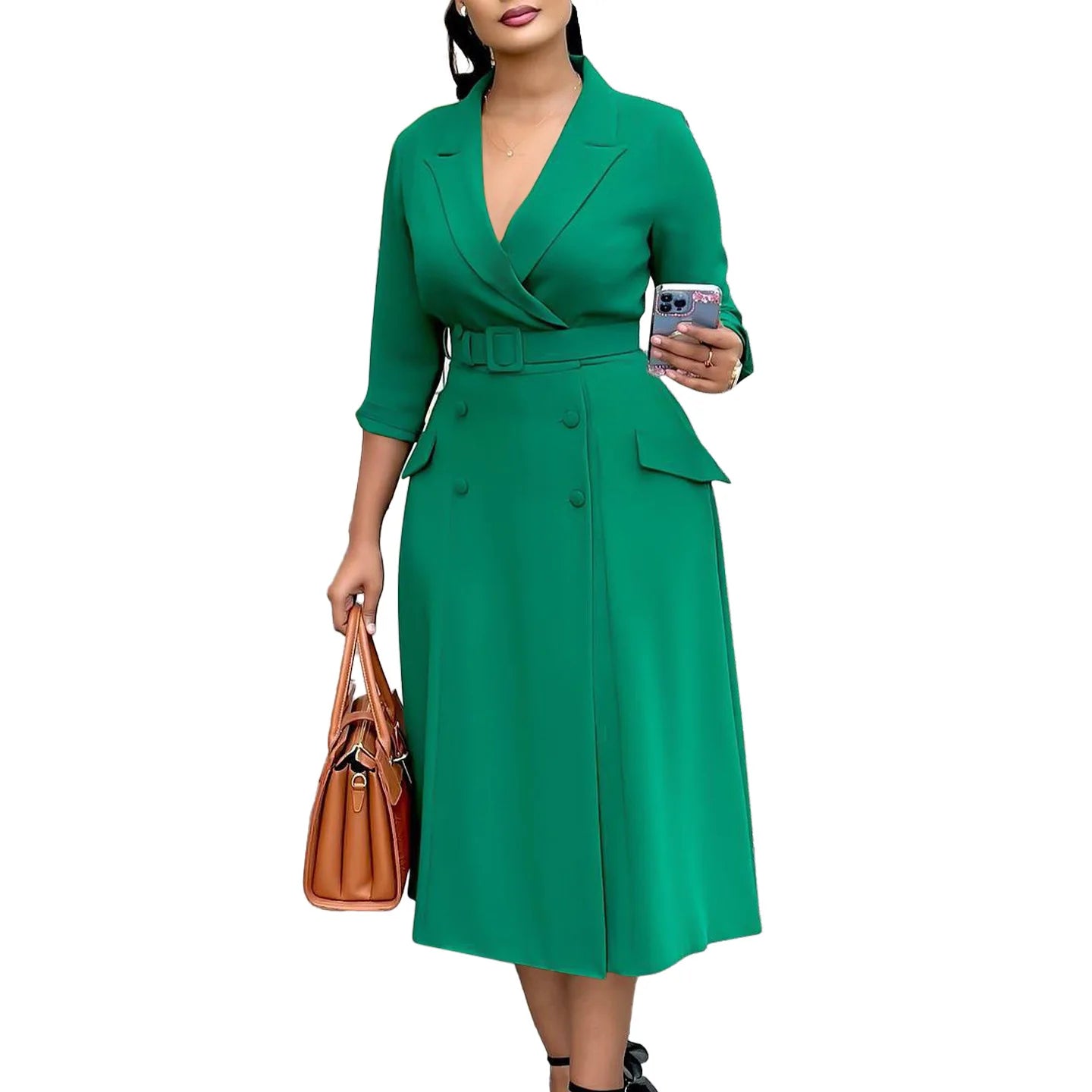D3294 Trendy Autumn Dresses Women Casual Elegant Double Breasted Three Quarter Suit Collar Office Lady Formal Dress for Women
