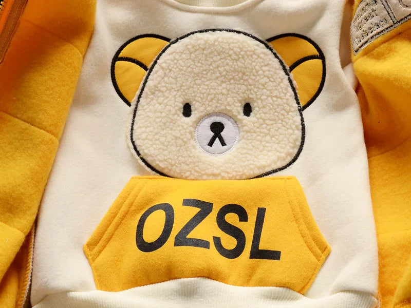 2025 Winter Casual Baby Clothing Set 3pcs Kids Bear Pattern Hooded Coat Warm Outfits for Children