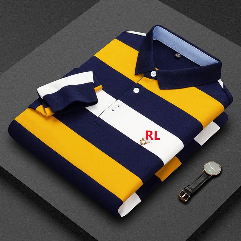 High Quality 100% Cotton Men's Long Sleeve Striped Polo Shirt with RL Embroidery Business Casual Polo Tops#RL