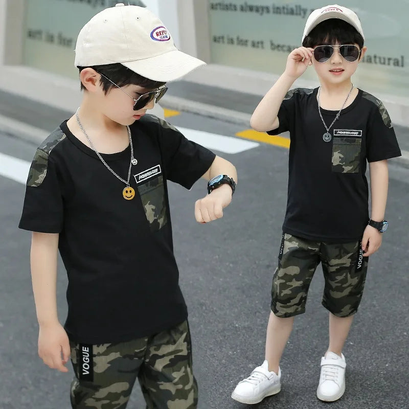 Hot Selling Kid Sets 3 to 12 Years Old Clothing Camouflage Printed Casual Wear School Big Boys Clothes Summer