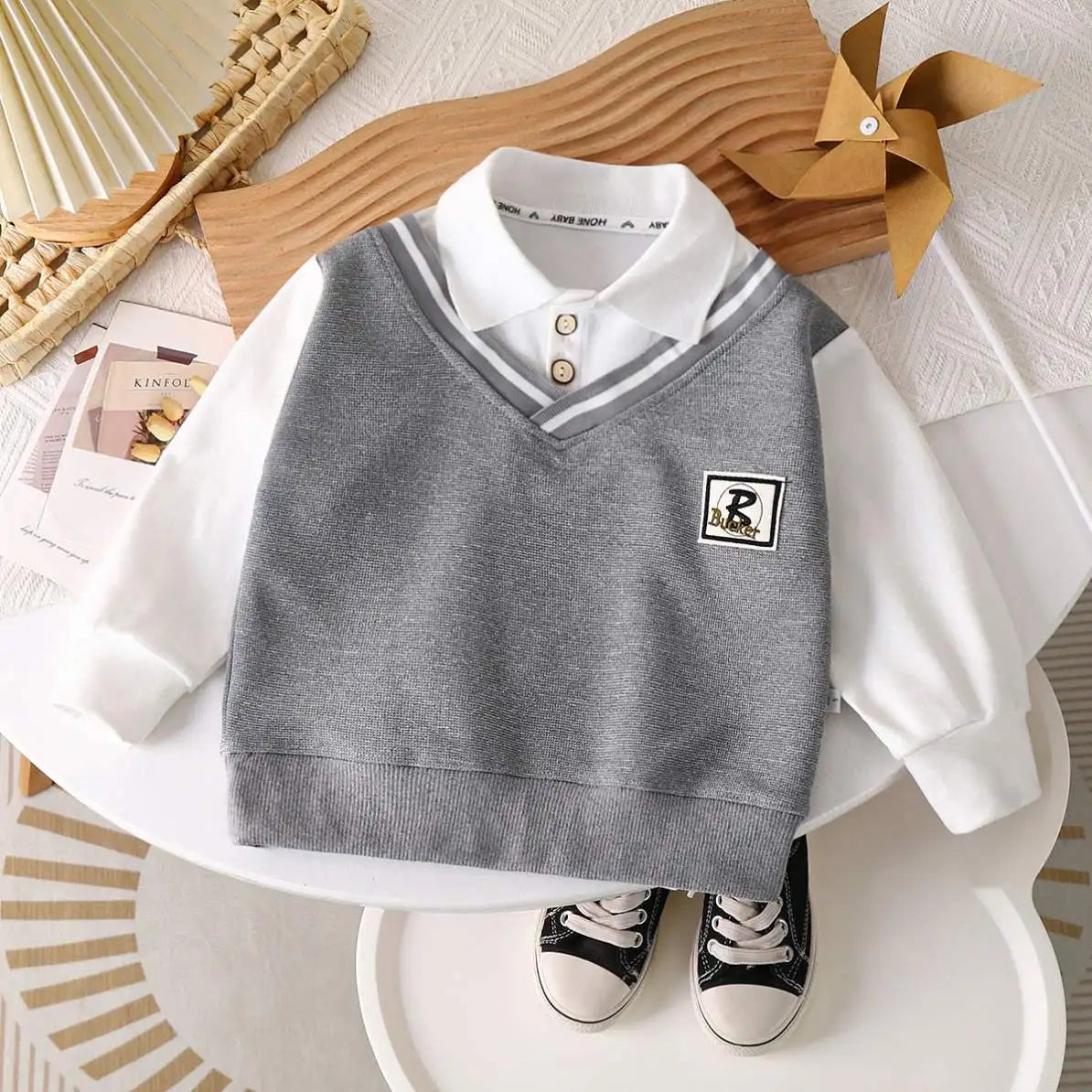 Toddler Boys Hoodies Sweatshirt Boys Sweatshirts Fashionable Lapel POLO Shirt False Two Pieces Available in Large Sizes