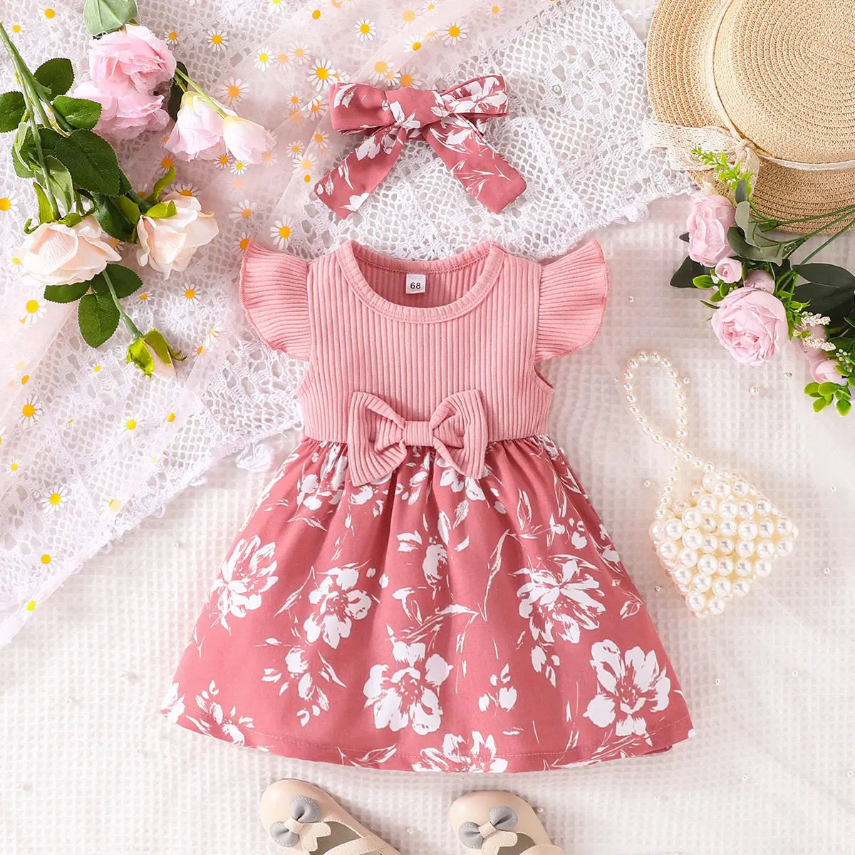 Little Girl 2-Piece Cotton Breathable Princess Dress Baby Set 0-2 Years Old Summer Sweet Bow Fly Sleeve