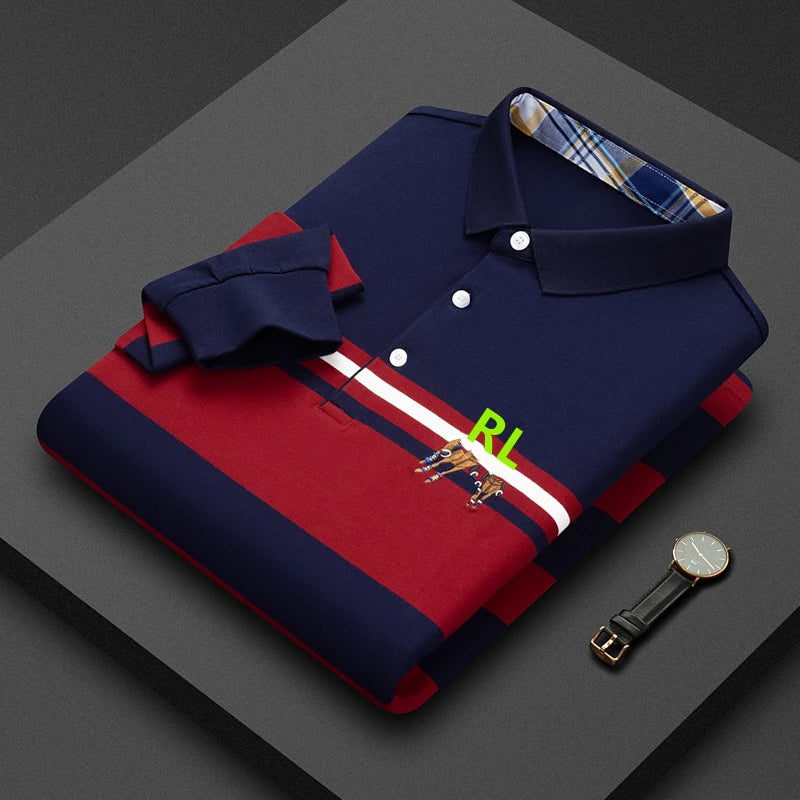 High Quality 100% Cotton Men's Long Sleeve Striped Polo Shirt with RL Embroidery Business Casual Polo Tops#RL